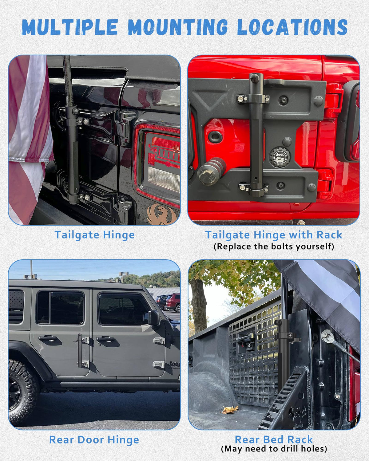 Louzezo tailgate hinge flag mount on Wrangler enables easy flag display.