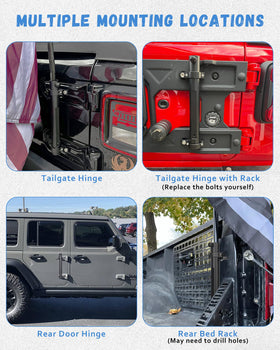 Louzezo tailgate hinge flag mount on Wrangler enables easy flag display.