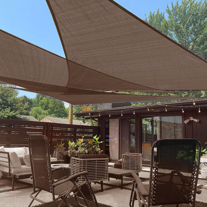 LOVE STORY 12x12 triangle brown shade sail blocks sun on outdoor patios.