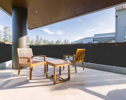 LOVE STORY balcony screen cover in black provides deck privacy and UV protection
