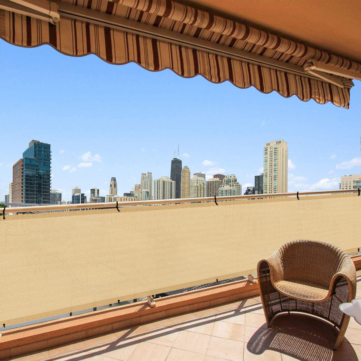 LOVE STORY balcony privacy screen 3x16 sand offers light shading and privacy.