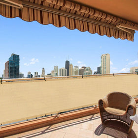 LOVE STORY balcony privacy screen 3x16 sand offers light shading and privacy.