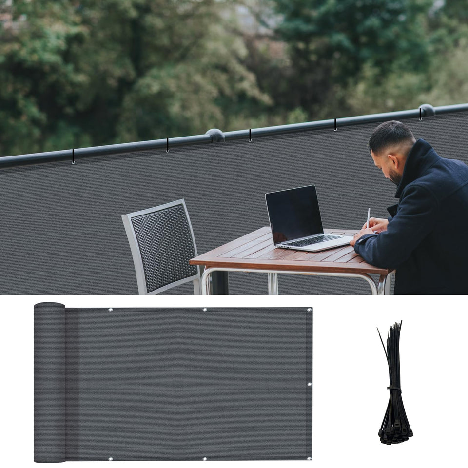 Love Story balcony screen in dark grey provides privacy with breathable visibility for decks