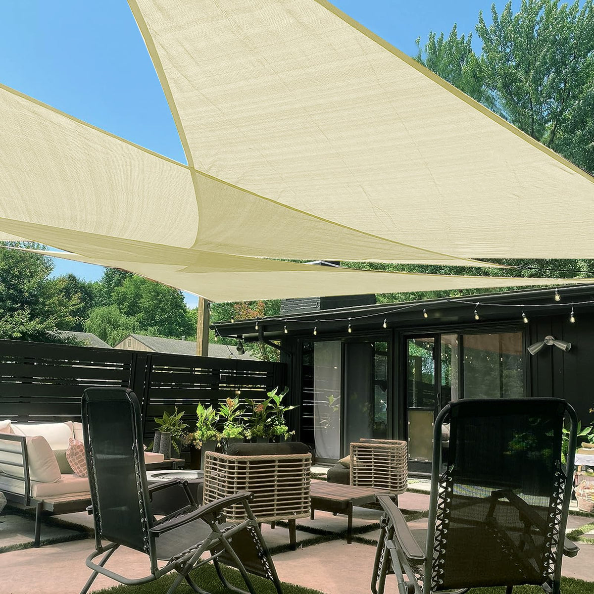 LOVE STORY Butter Cream triangle sun shade sail with installation diagram for precise setup.