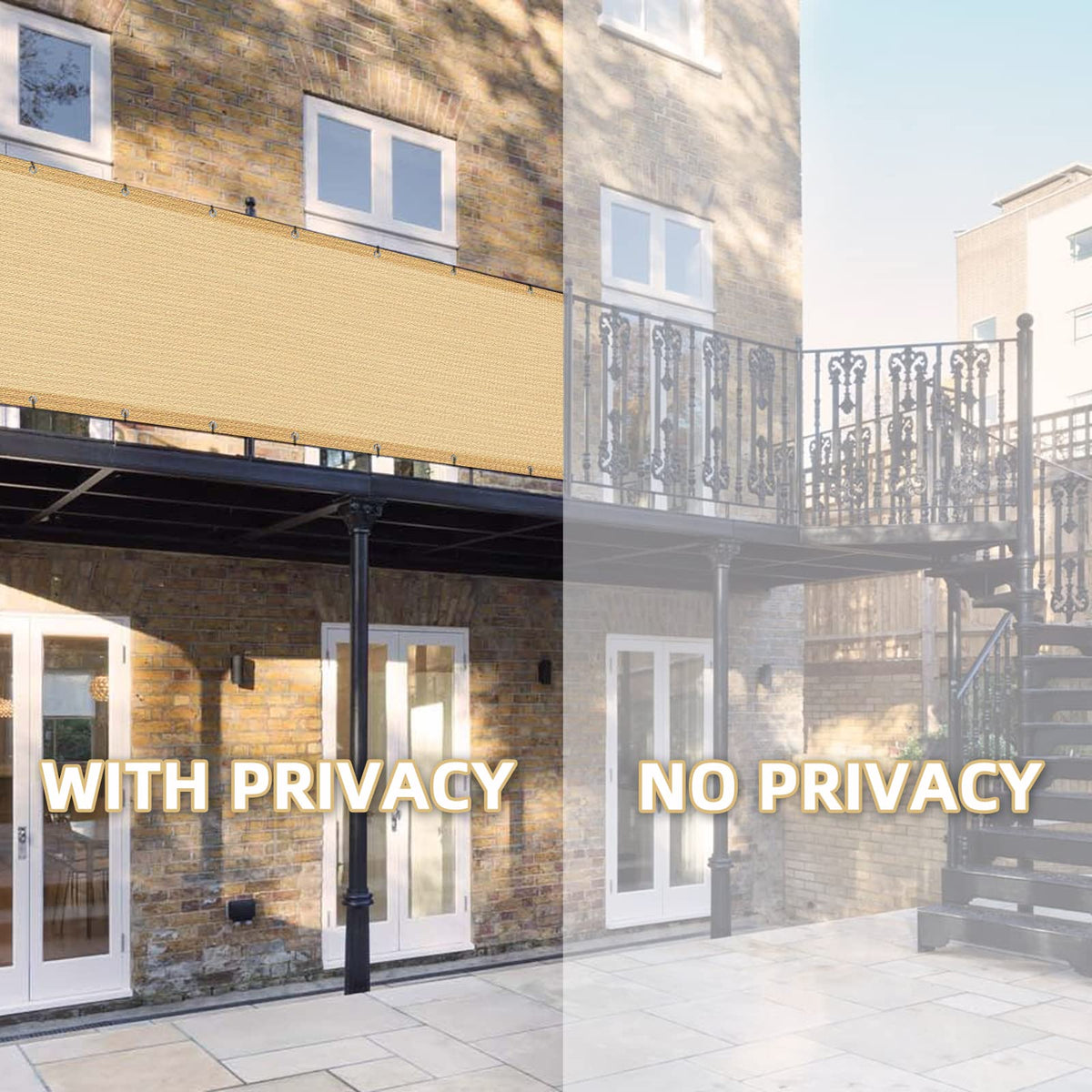LOVE STORY hdpe privacy screen sand color blocks sun and adds durable coverage.
