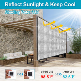 LOVE STORY silver reflective shade cloth close-up highlighting rust-resistant grommets.