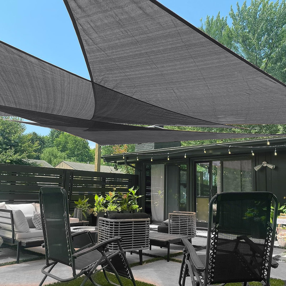 LOVE STORY triangle dark grey sun shade 12x12 corner view offering durable UV protection.
