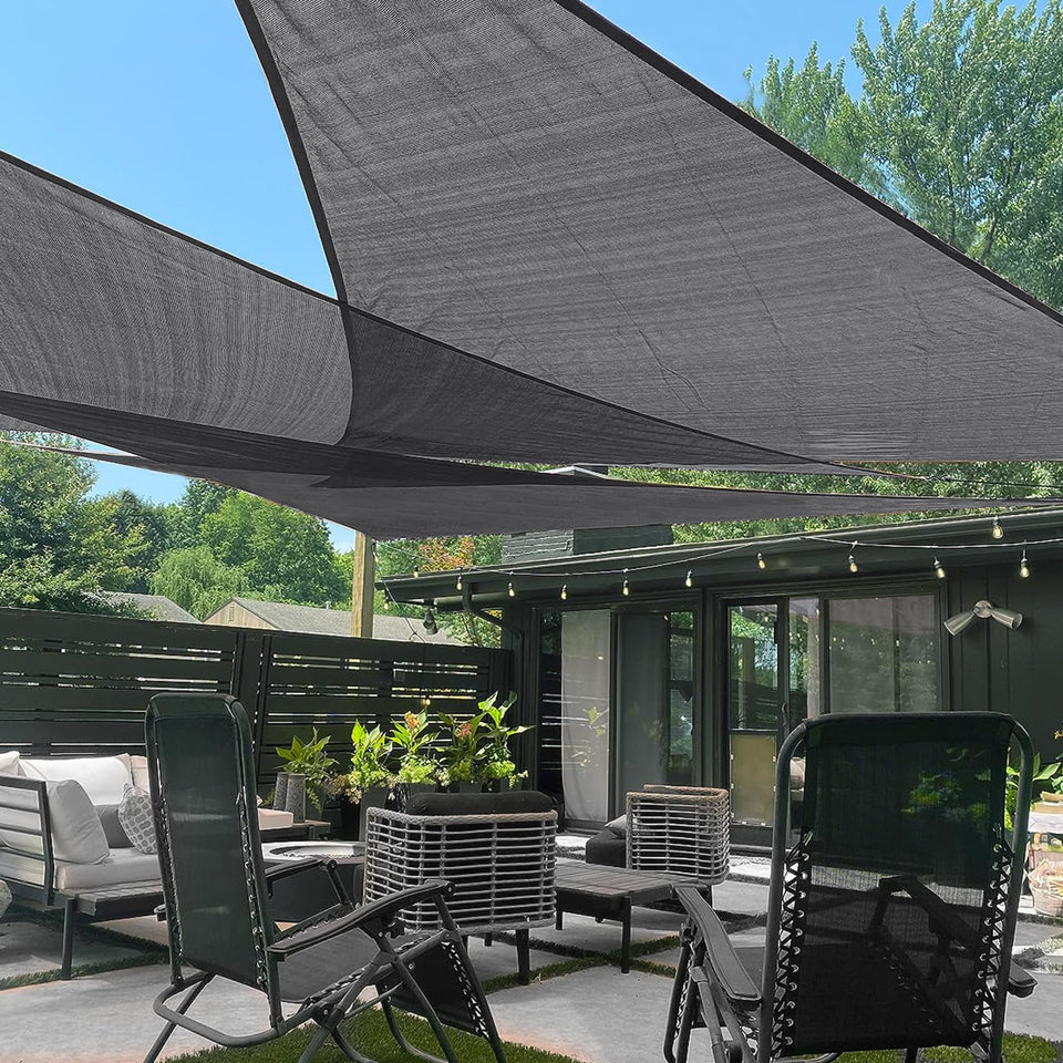 LOVE STORY triangle dark grey sun shade 12x12 corner view offering durable UV protection.