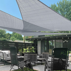 LOVE STORY triangle shade sail 12ft installation on backyard deck for cooling shade.