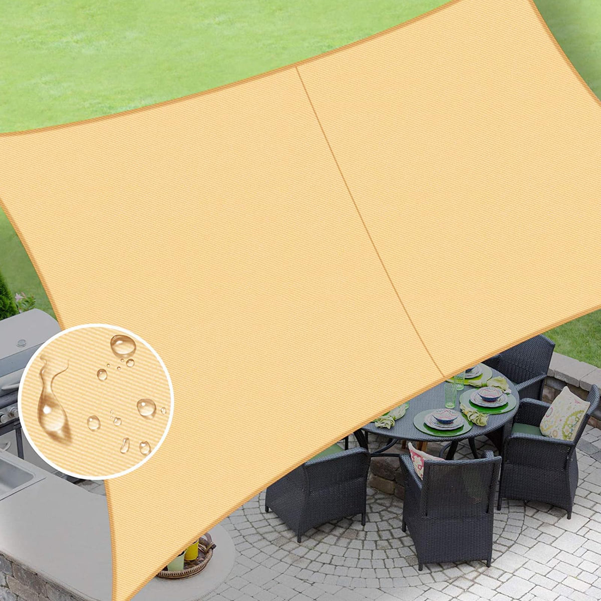 Love Story shade sail 10x13 in sand provides patio sun shade.