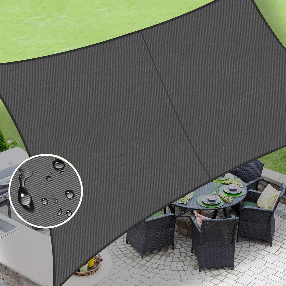LOVE STORY waterproof shade sail 10x13 dark grey blocks 98% UV for outdoor shade.