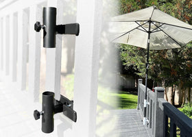 LOVE YOUR DECK patio umbrella holder on a railing provides safe shade on compact decks
