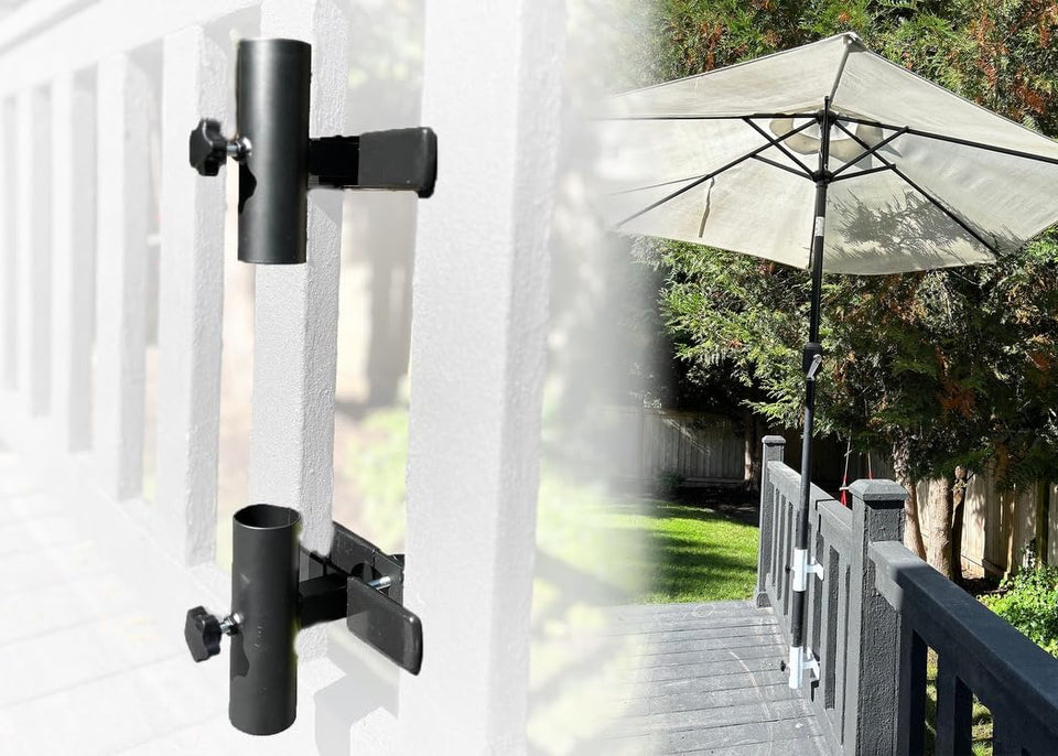 LOVE YOUR DECK patio umbrella holder on a railing provides safe shade on compact decks
