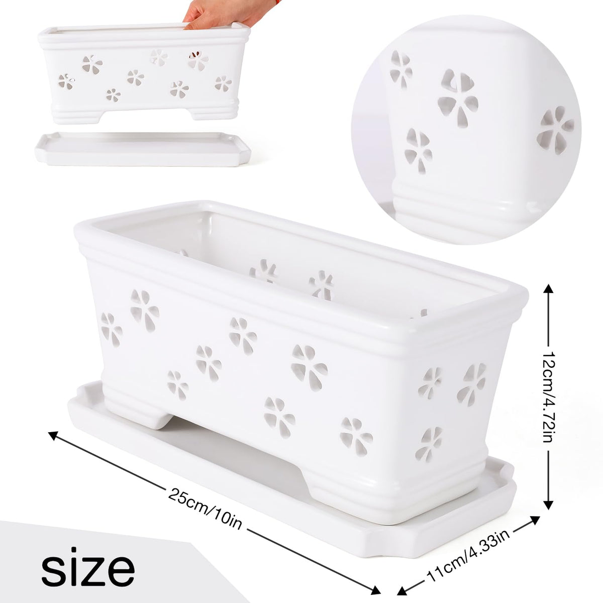 Lovely Ran white rectangle orchid pot with breathable design for healthy root airflow.