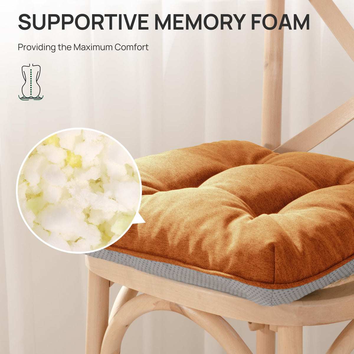 Love's cabin cushion with non-slip bottom and ties secures a stable seated experience.