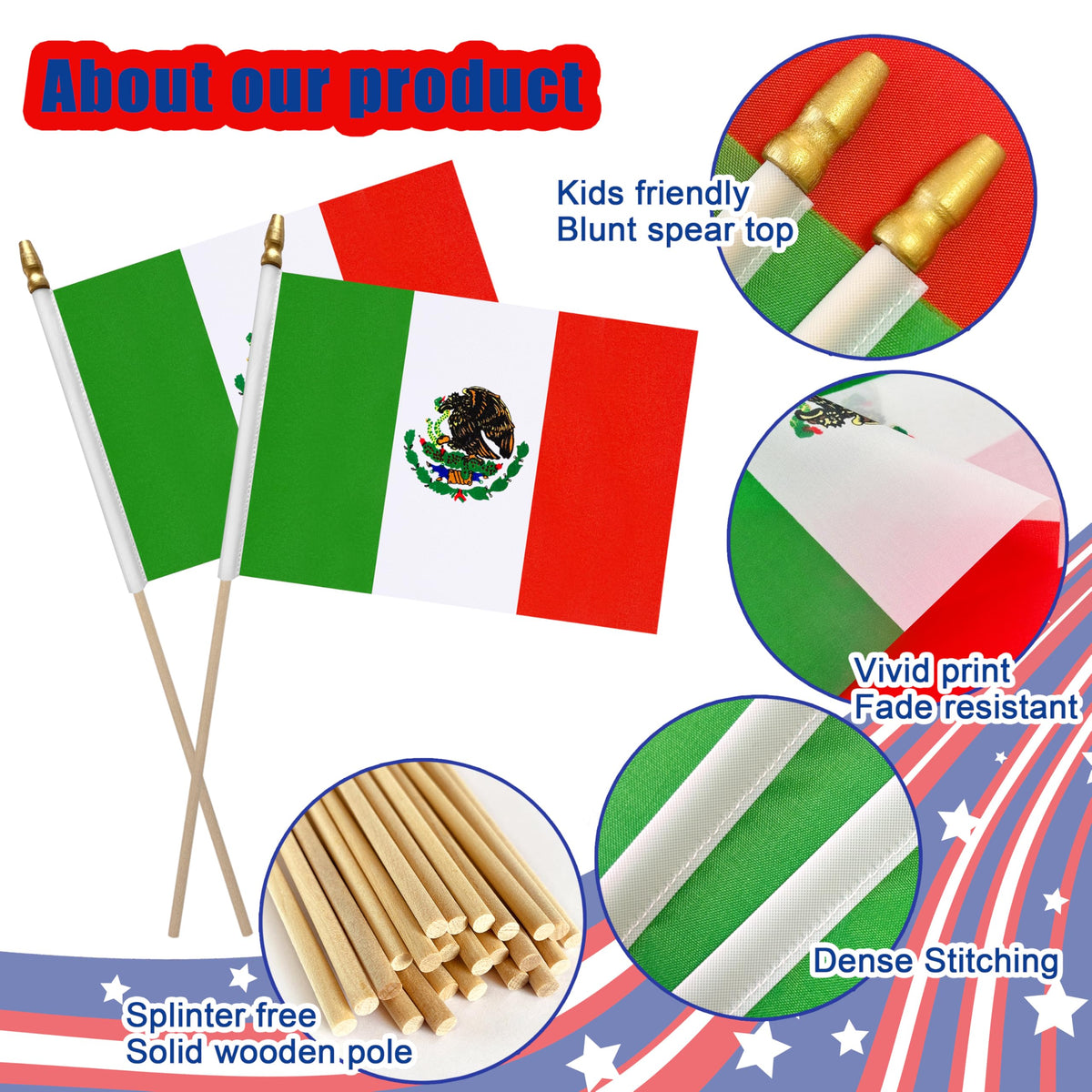 LoveVC Mexico flag with fine stitching and colorfast print for durability.