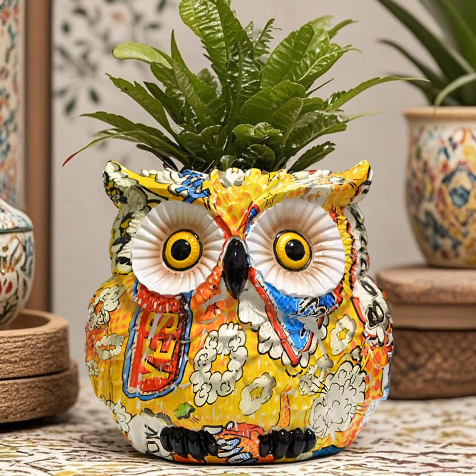 LovTocTic yellow owl planter, compact desk decor and plant pot.