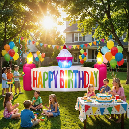 LOVTILAK 5FT birthday cake inflatable front view for outdoor celebrations with candles