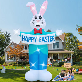 LOVTILAK Easter bunny giant inflatable in a suit with a festive sign for outdoor decor.