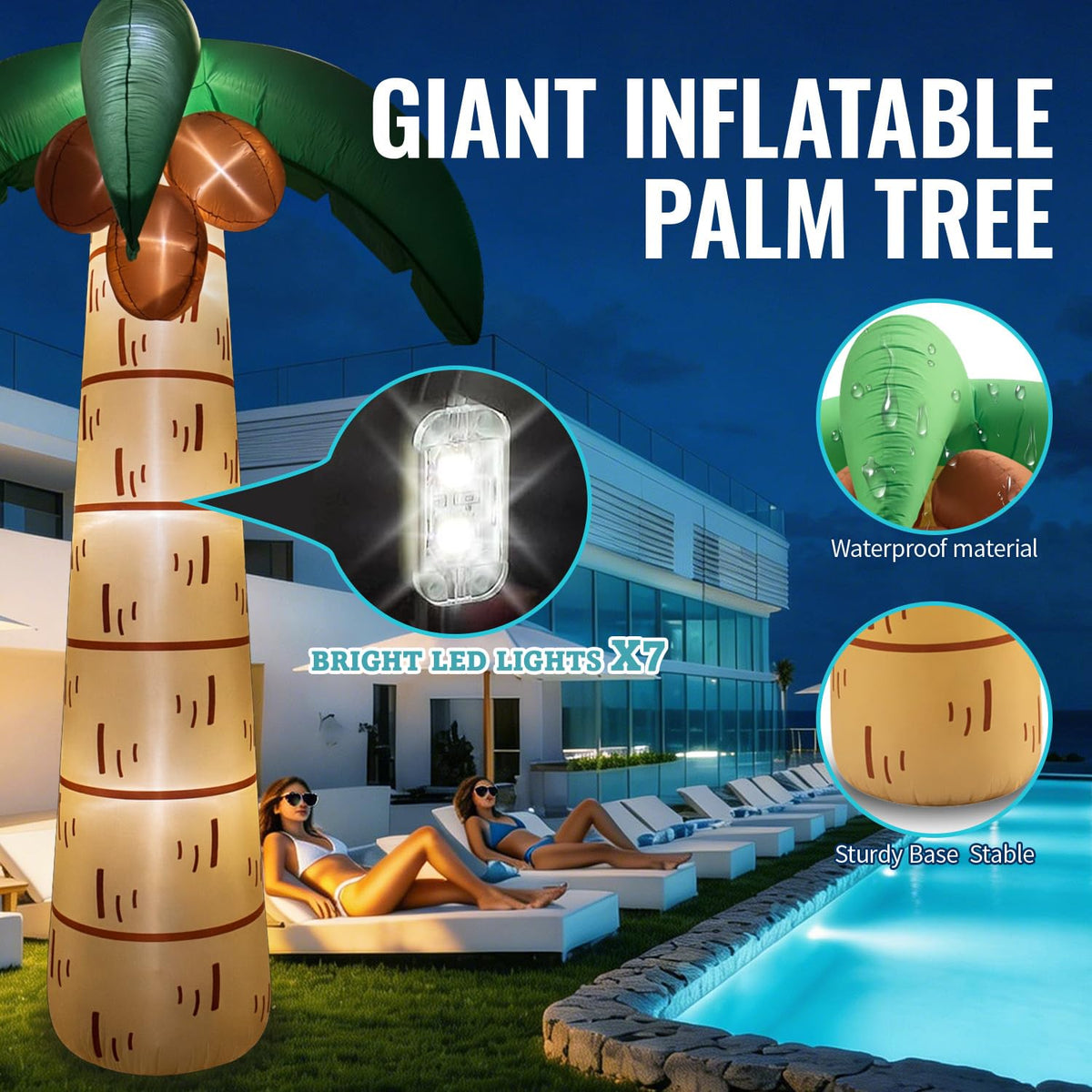 LOVTILAK palm tree inflatable shown with night LED lights for ambience