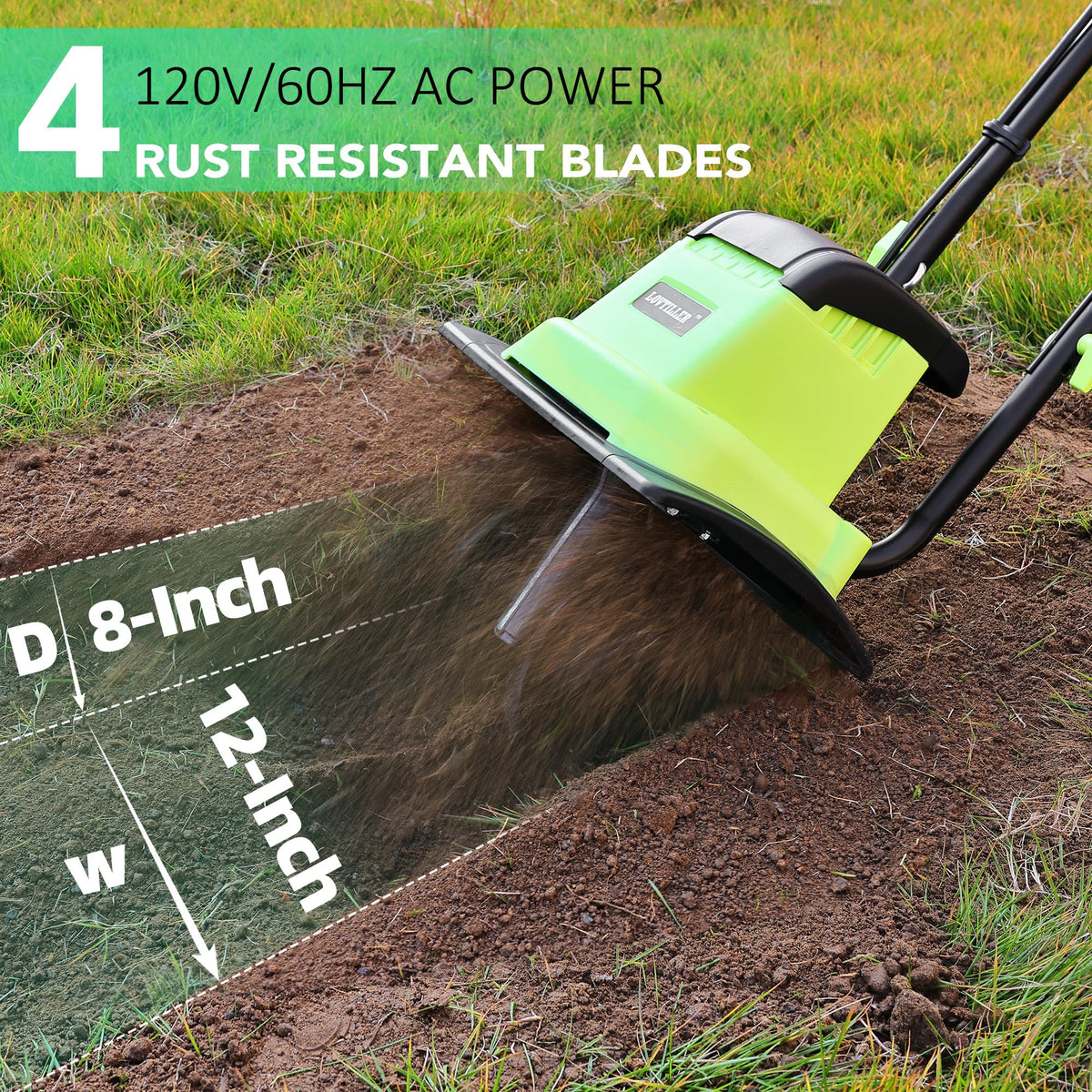 LOVTILLER 8.5A corded power unit ready for soil tilting tasks.