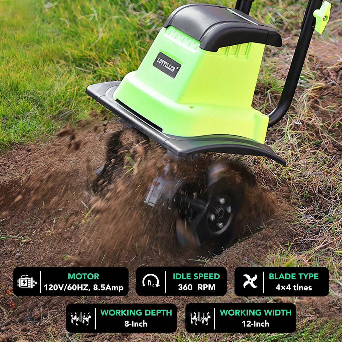 LOVTILLER corded power requires a nearby outlet for continuous use.