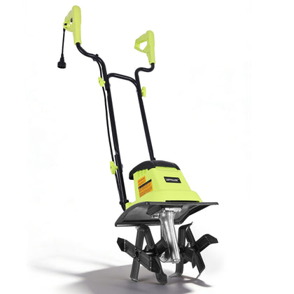 LOVTILLER corded tiller shows 12-inch width for fast bed prep in small gardens.