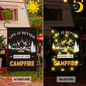 LPREUTWN Camping flag shows two distinct designs on each side for flexible yard decor.