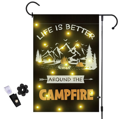 LPREUTWN Happy Campers LED Garden Flag with burlap adds warm outdoor ambiance.