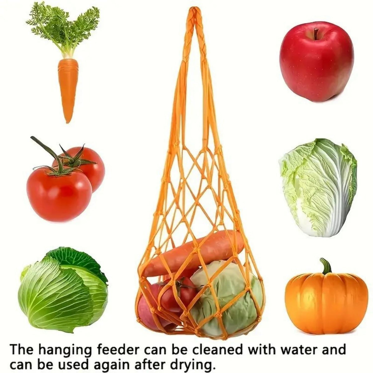 LqIan blue hanging feeder bag with fruit, easy to load.