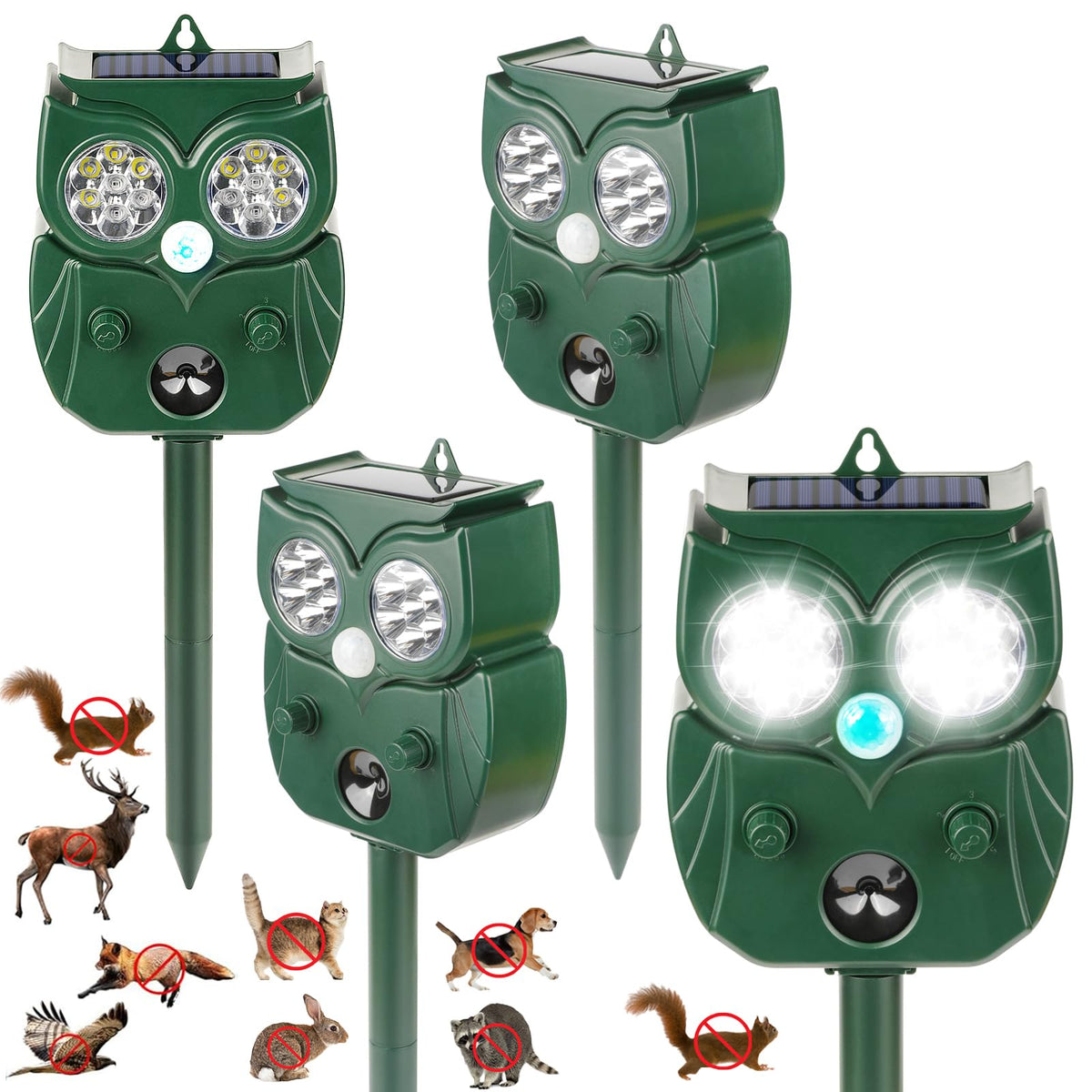 LRENQLLY 4-pack ultrasonic repellent front view protects gardens from deer and raccoons