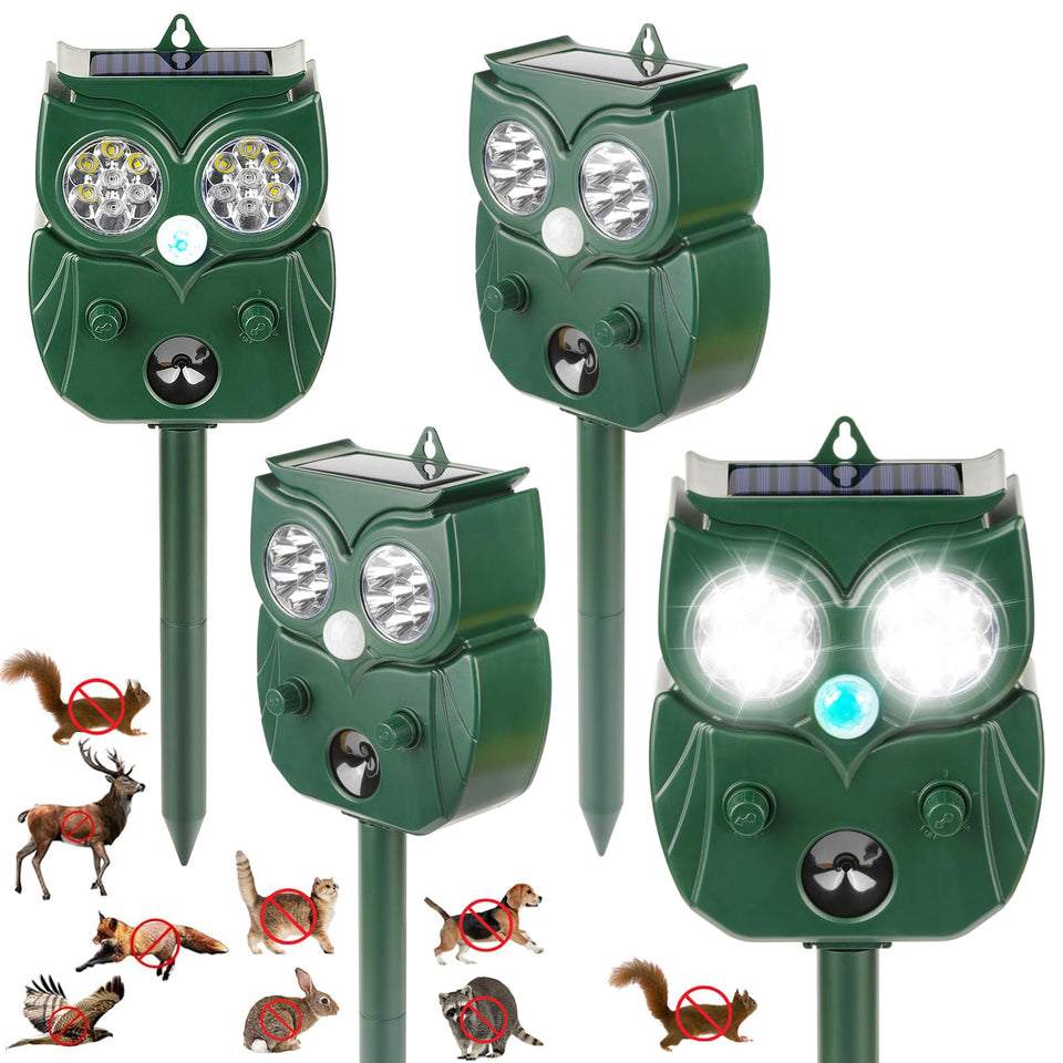 LRENQLLY 4-pack ultrasonic repellent front view protects gardens from deer and raccoons