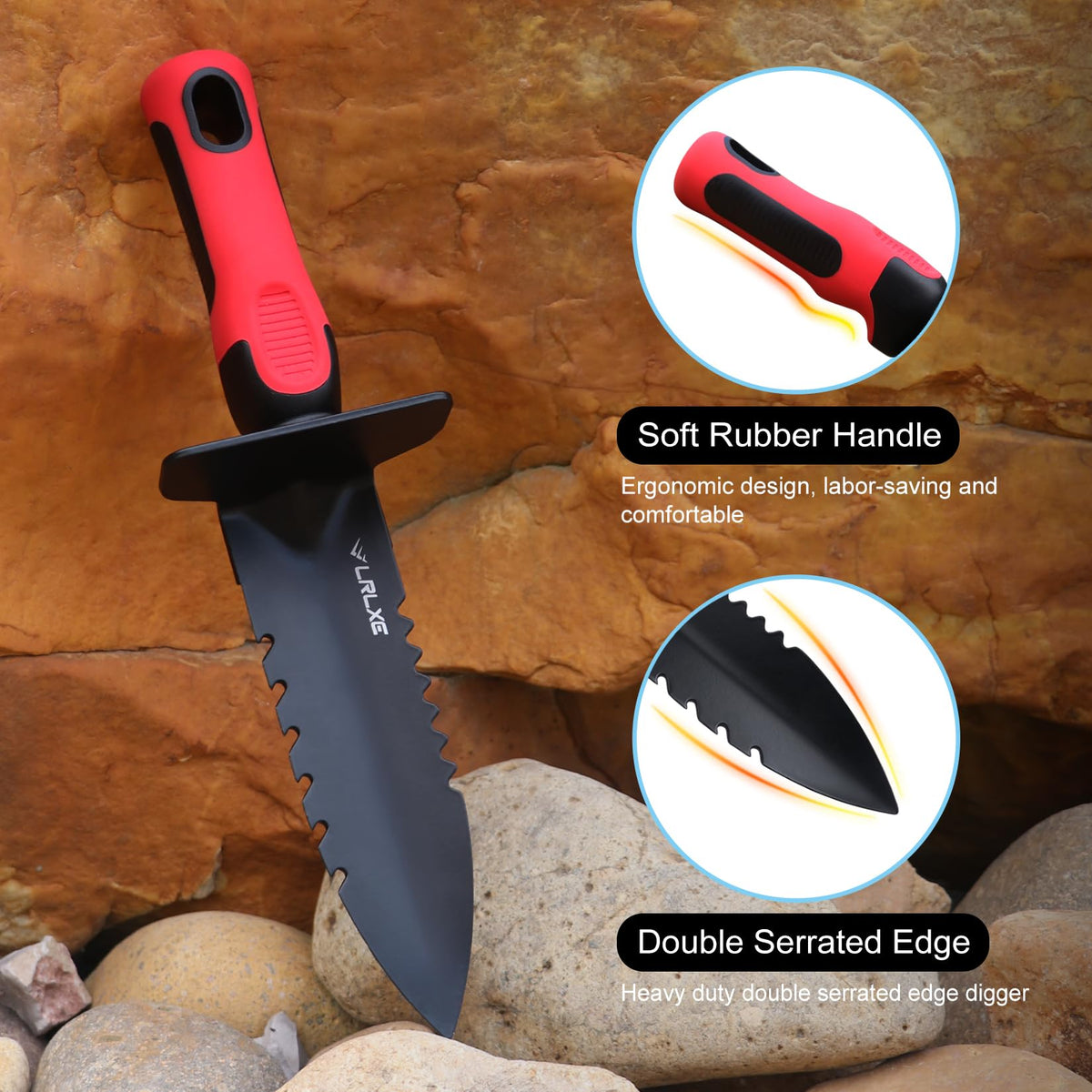 Ergonomic rubber handle reduces wrist strain during digging.