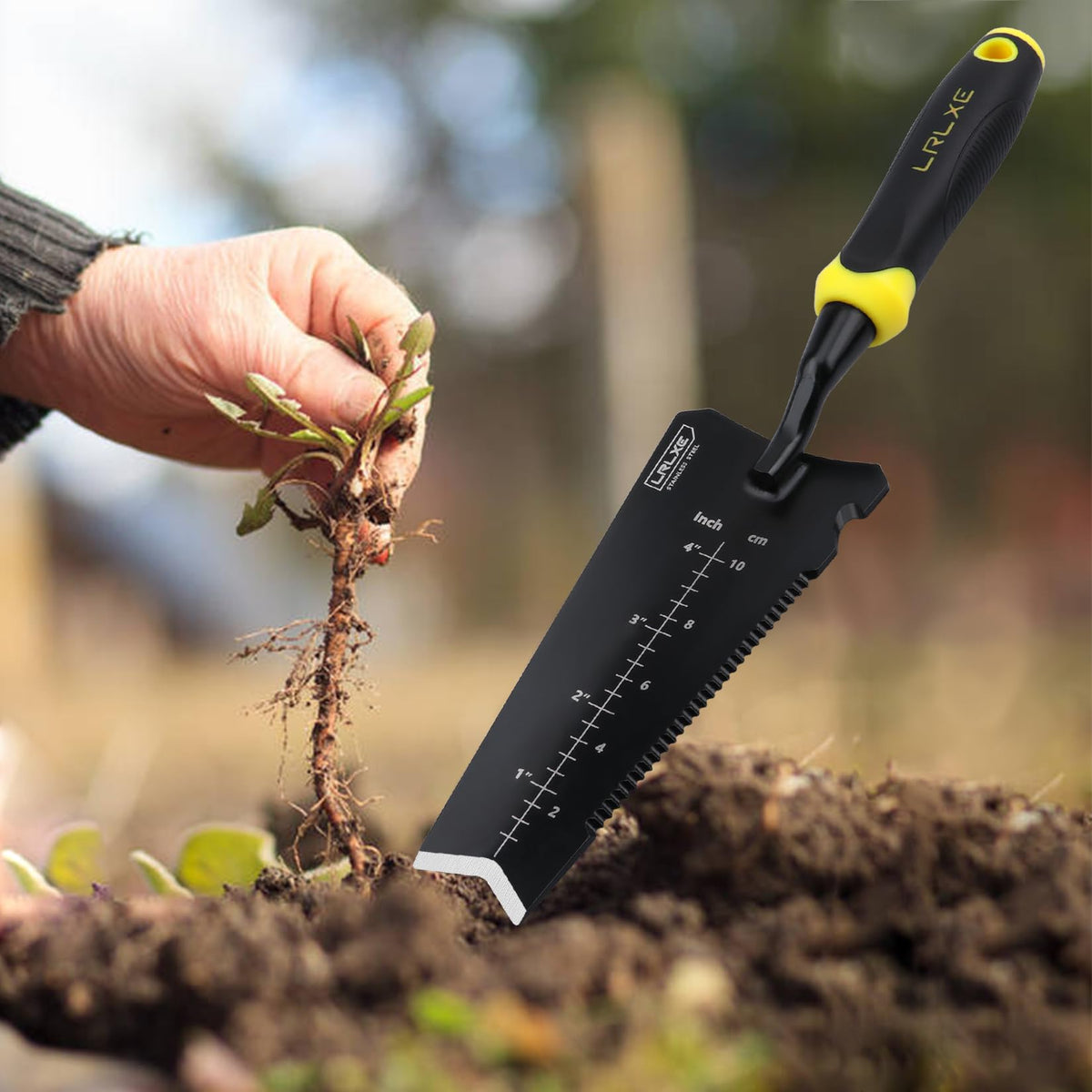 LRLXE root-cutting shovel featuring serrated edge for neat root trimming
