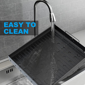 LS'BABQ tray features ash outlet and handles for easy movement during grilling