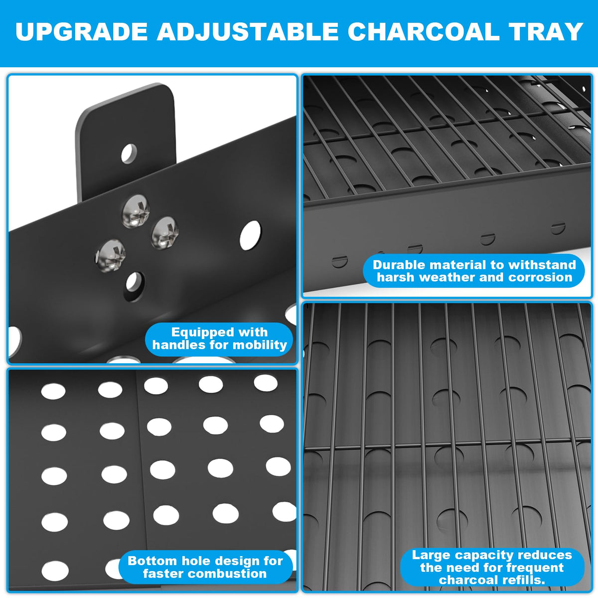 LS'BABQ stretchable charcoal tray for Nexgrill 810-0029, flexible installation for barrel-offset grills.