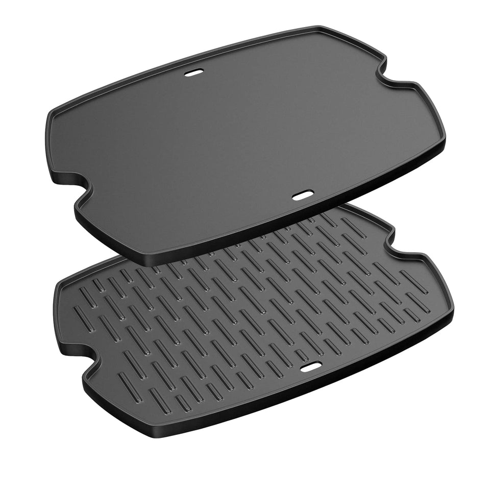 LS'BABQ Weber Baby Q griddle front view for versatile outdoor cooking on the go.