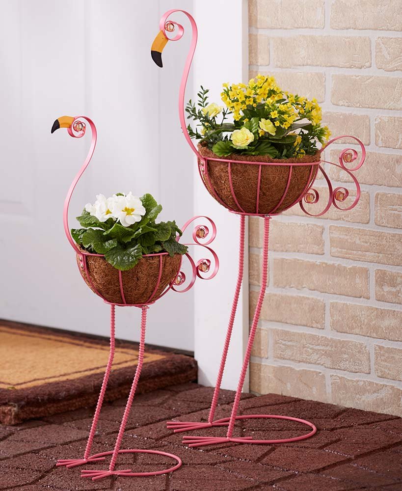 LTD flamingo bird planters set with metal frame and coconut fiber baskets for durable outdoor display