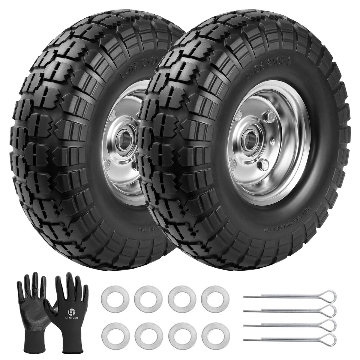 LTNICER 10-inch solid flat-free tire side view for durable outdoor cart performance.