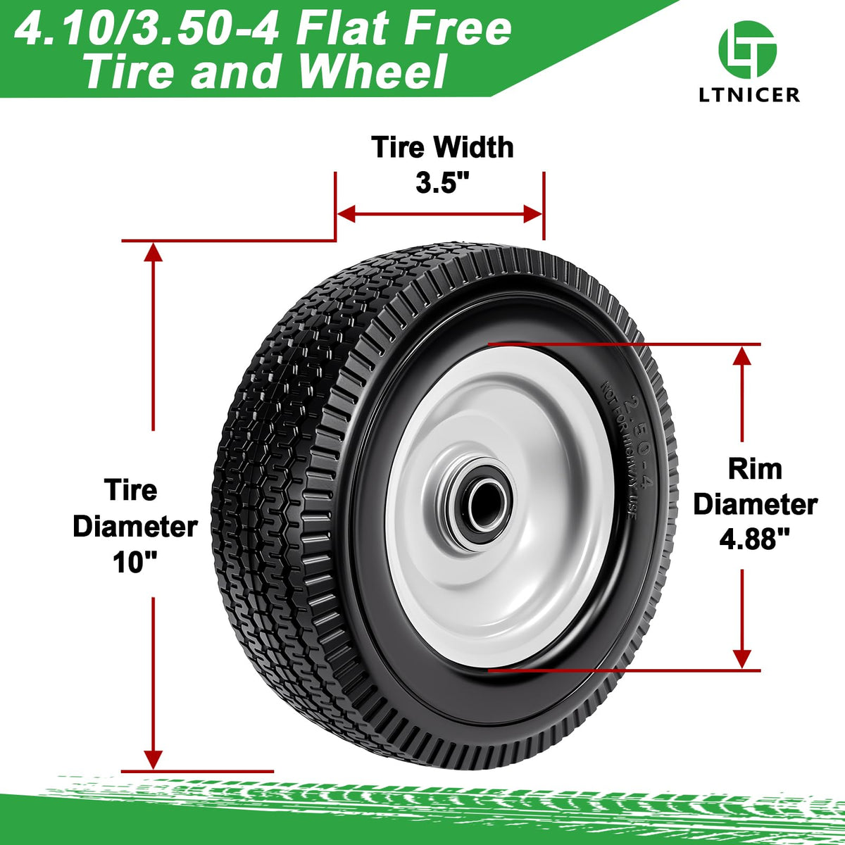 LTNICER flat-free 4.10/3.50-4 tire for wheelbarrows with easy installation.