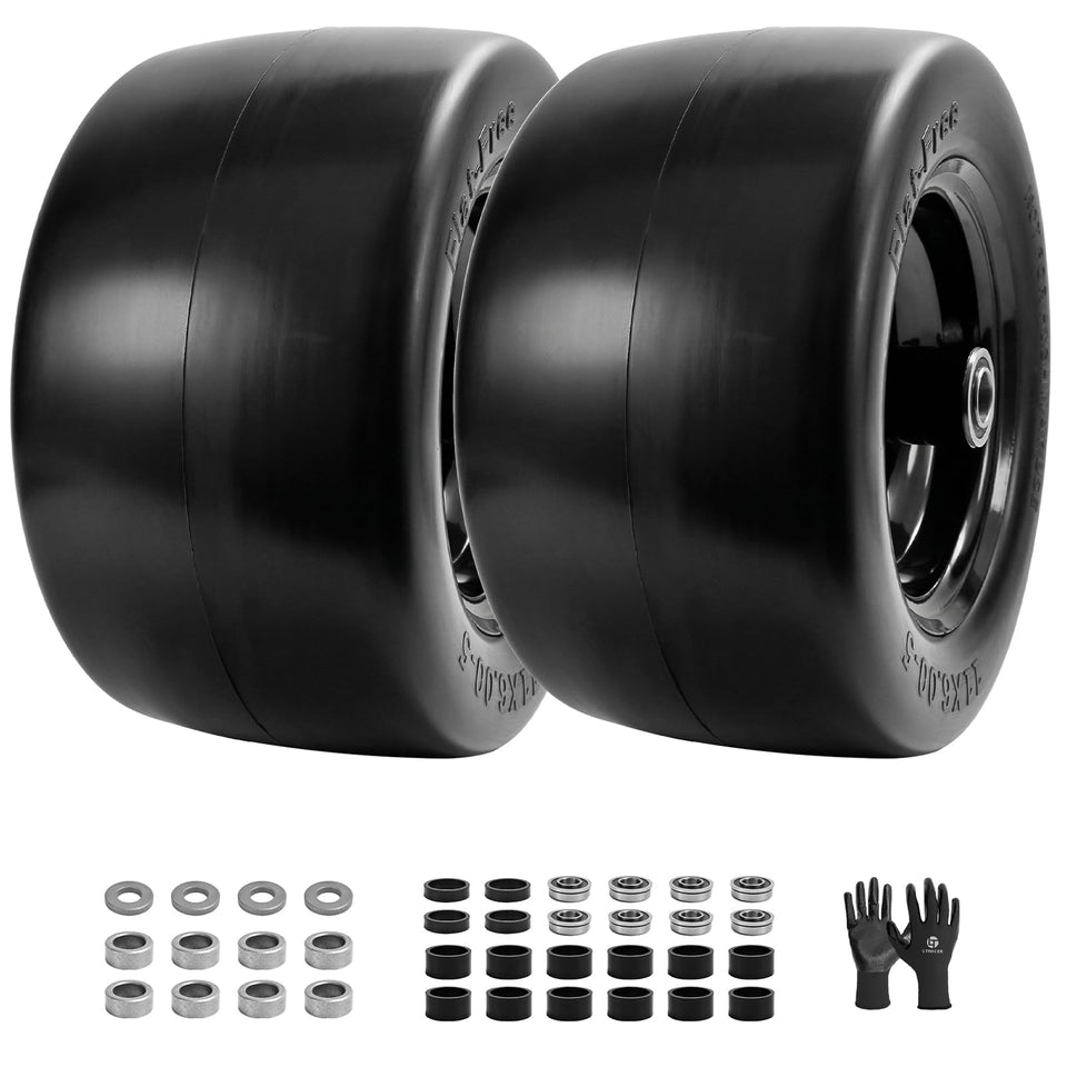 LTNICER 11x6.00-5 flat-free tire side view; puncture-proof lawn mower protection.