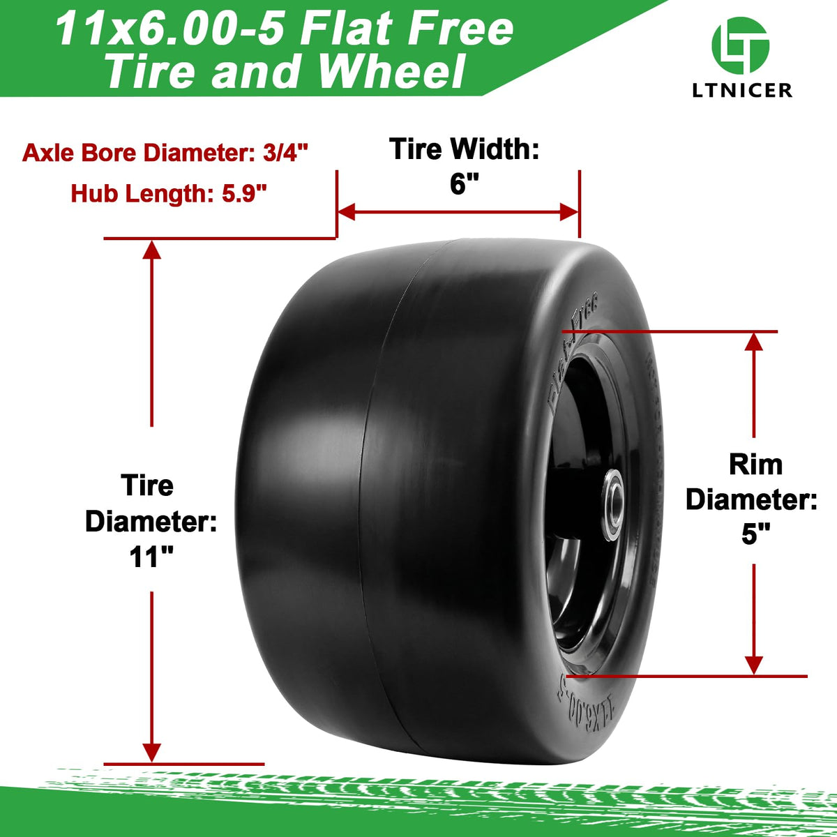 LTNICER 11x6.00-5 flat-free tire top view showing adjustable hub compatibility.