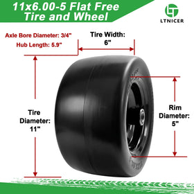 LTNICER 11x6.00-5 flat-free tire top view showing adjustable hub compatibility.