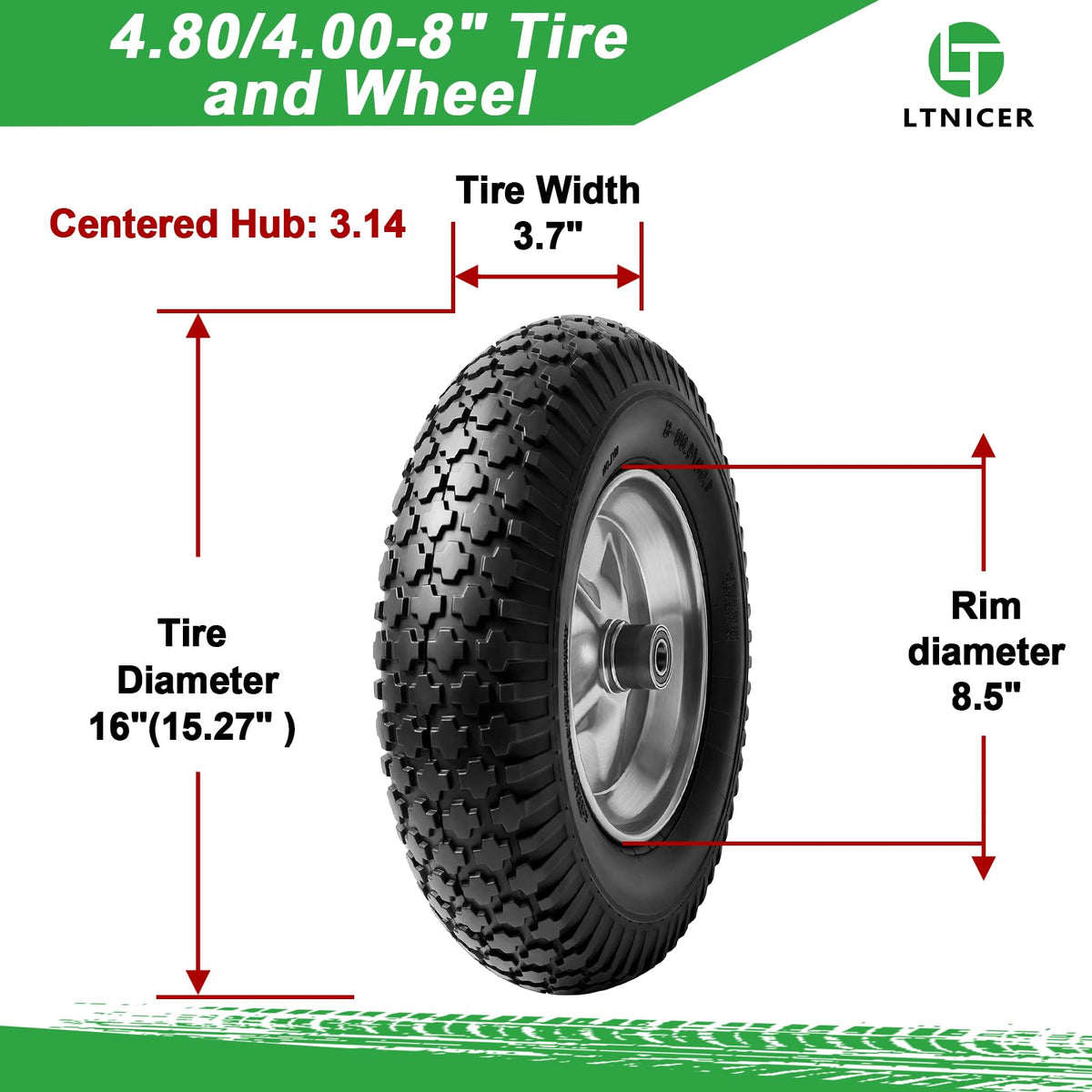 LTNICER 16-inch flat-free tire with 5/8 bore for cart axles