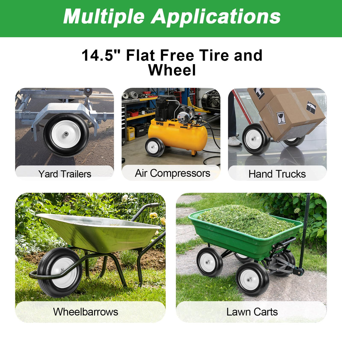 LTNICER solid polyurethane tire reduces flats during busy yard work.