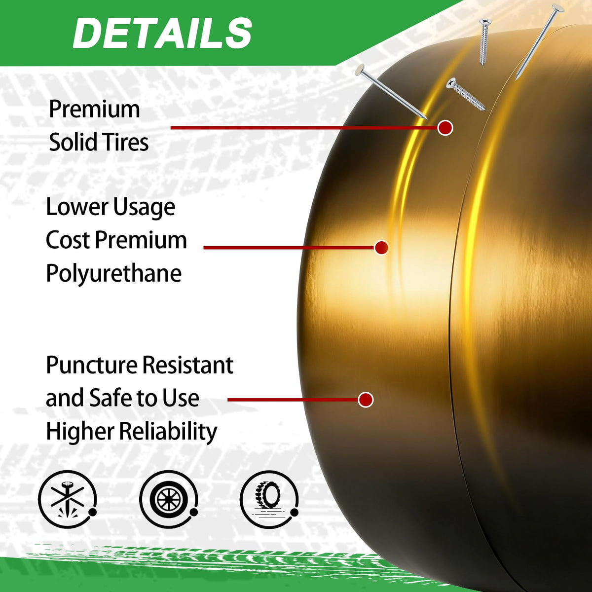 LTNICER flat-free 11x6.00-5 tire close-up; smooth tread for turf safety.
