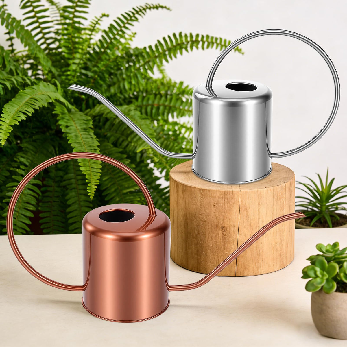 LTSUMI long-spout stainless watering can shown for targeted reach around pots.