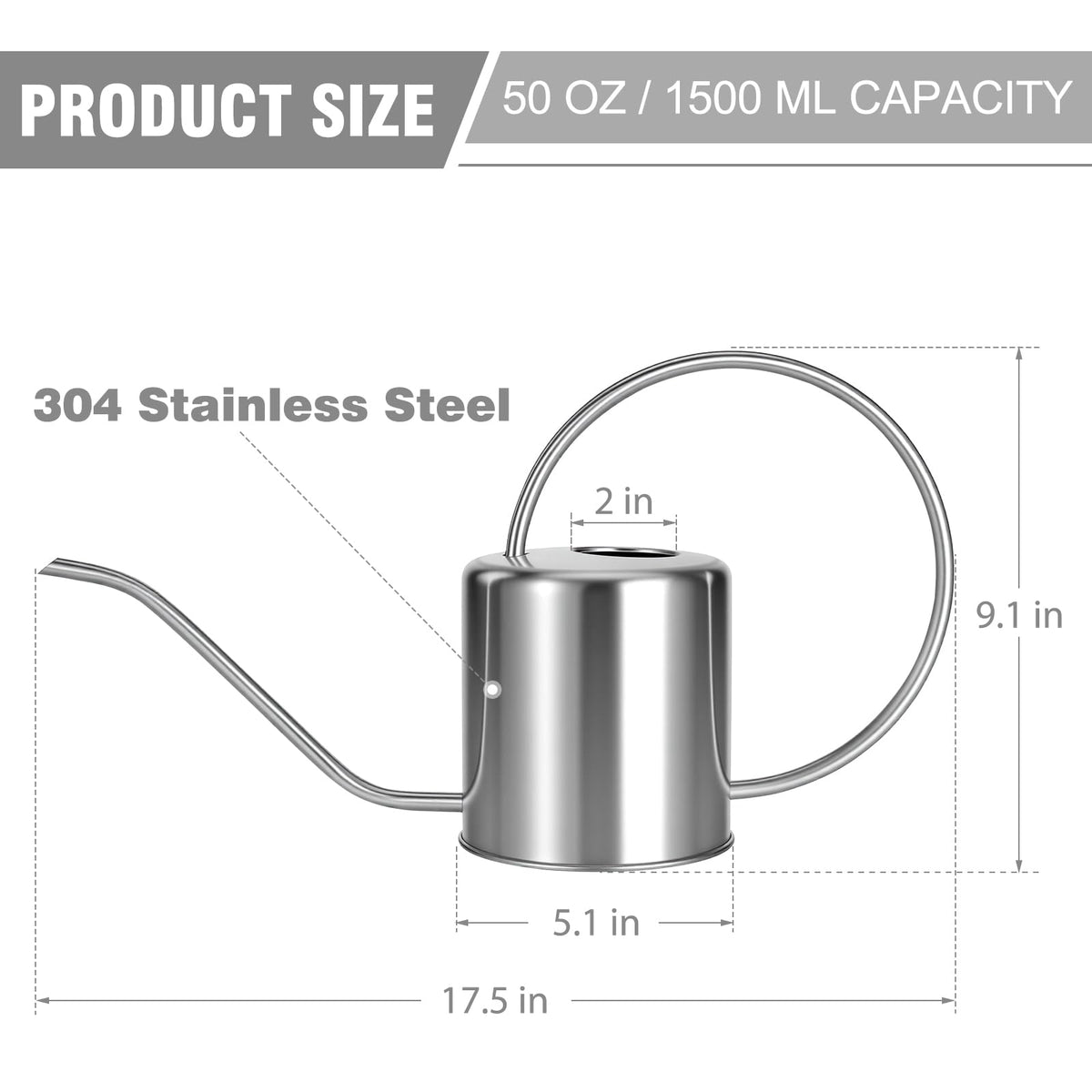 LTSUMI stainless steel watering can close-up highlighting durable finish.
