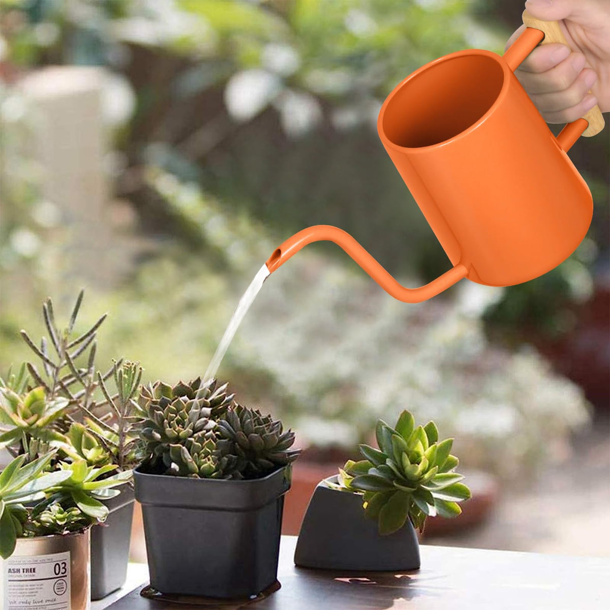 LTSUMI stainless steel watering can with wooden handle for sturdy grip