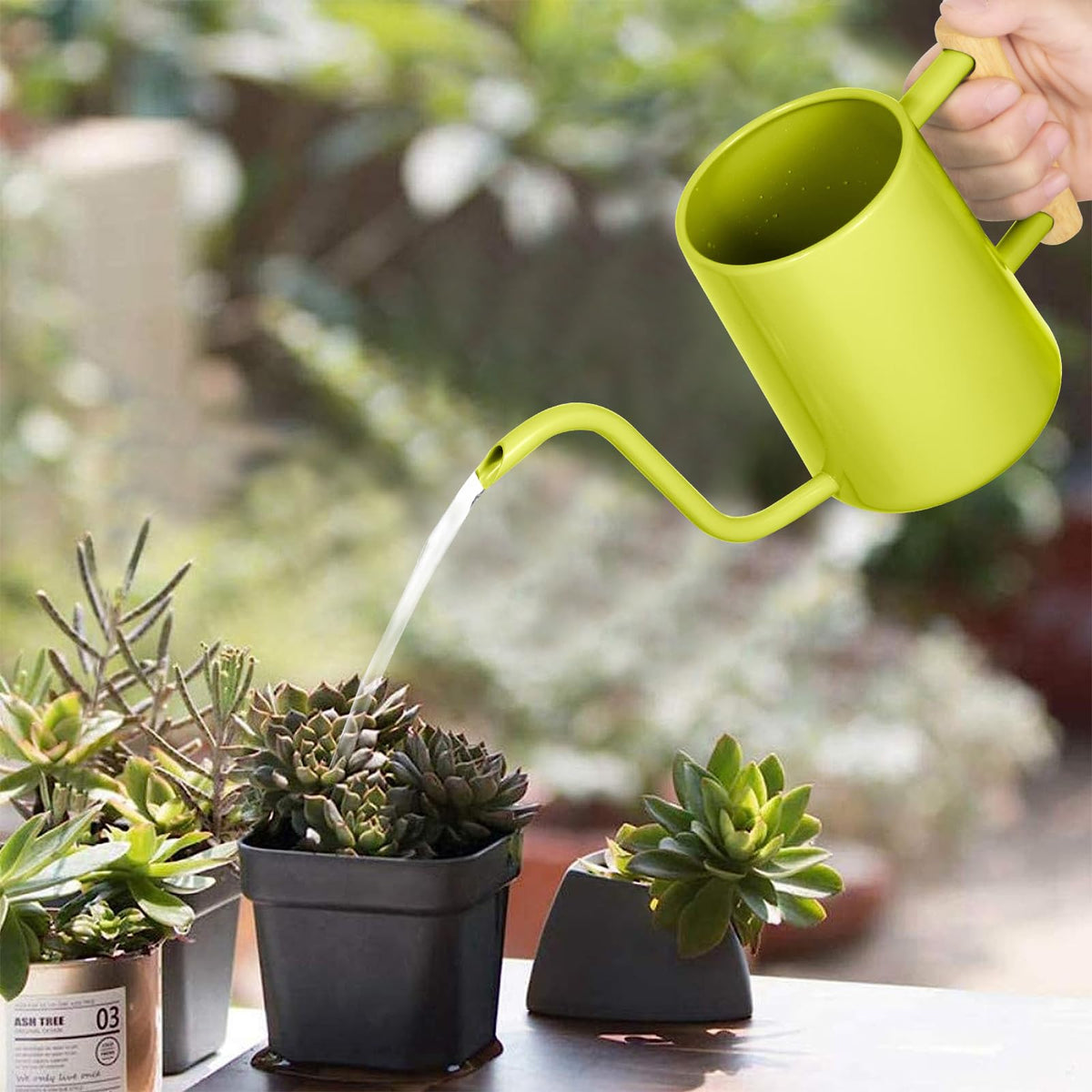 LTSUMI wooden-handle watering can offers comfortable grip during refills.